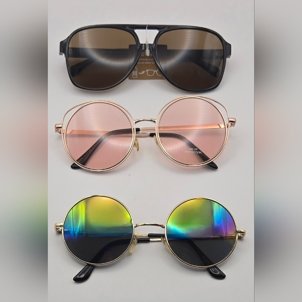 Trendy Sunglasses 3-Pack – Retro, Rainbow Mirror, and Classic Aviator Styles